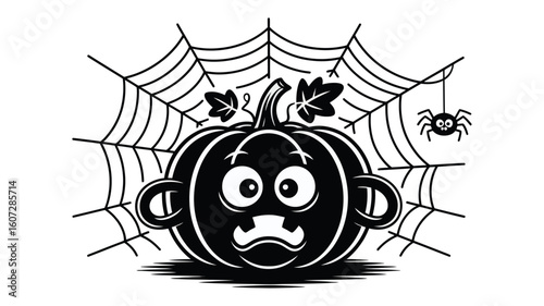 Halloween pumpkin with spider and web background for spooky holiday designs, invitations, greeting cards, and social media posts.