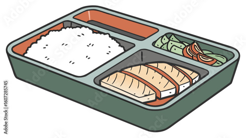 Illustration of a bento box with rice, tofu, and salad in separate compartments for a balanced meal