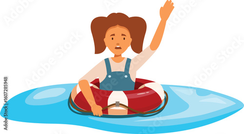 Girl floating in water asking for help, holding onto a life preserver and waving