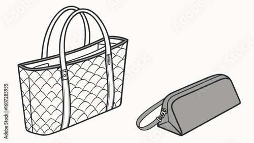 Outlined tote bag with a scale pattern and a small gray zippered pouch to the right side view