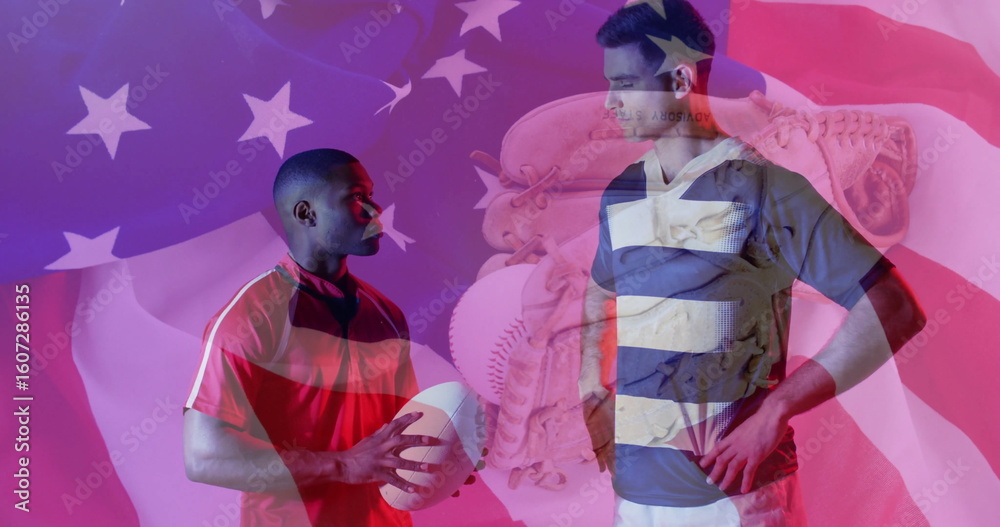 Fototapeta premium Displaying rival athletes facing each other in studio, with football, baseball glove and flag motif