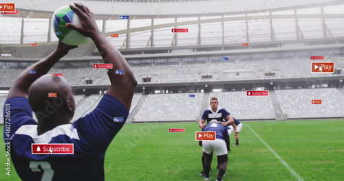 Raising player throwing multicolor rugby ball on pitch in stadium with digital overlays, copy space