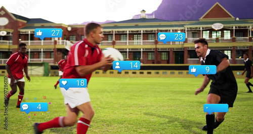 Charging rugby player wearing red jersey holding white ball on grass, with social icons, copy space
