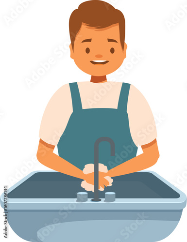 Young plumber carefully washing hands with soap and water in the sink after work