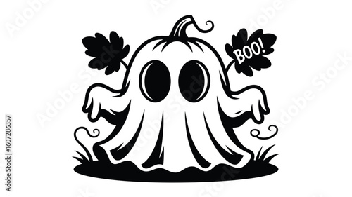 Ghost haunting inside pumpkin silhouette, perfect for Halloween designs, spooky decorations, seasonal prints, and ghostly themed projects.