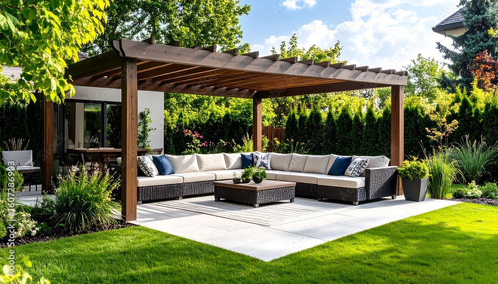 Fototapeta premium Outdoor patio area with pergola and seating