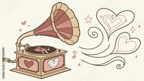 Vintage gramophone with hearts and musical notes emitting from it in a stylized illustration