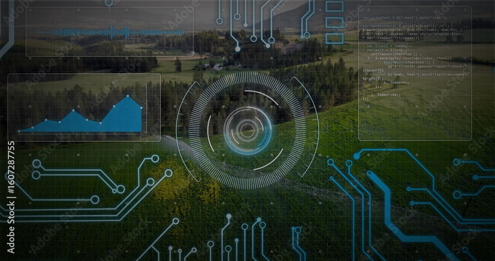 Obraz premium Floating digital reticle in rural hills, with HUD: circuit lines, waveform, area chart, code panel