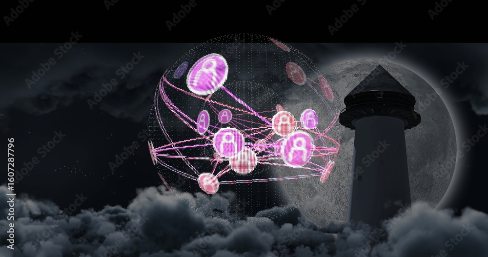 Naklejka premium Floating pink icon globe with links above coastal clouds at night under full moon, with lighthouse