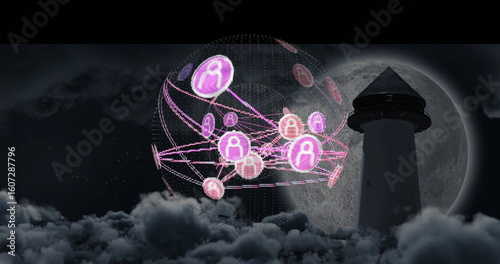 Floating pink icon globe with links above coastal clouds at night under full moon, with lighthouse