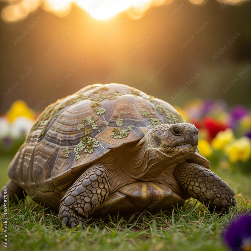 Obraz premium Turtle moves across a vibrant garden lawn during golden hour to add a gentle wildlife element to editorial banners or nature projects.