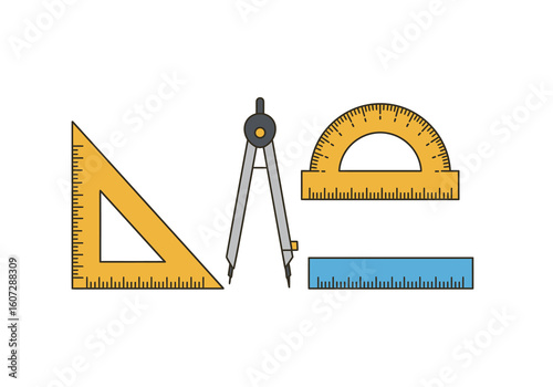 Essential geometric and drawing tools including a compass, protractor, set square, and ruler on a white background.