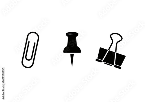 A collection of three black office supply icons, including a paperclip, a pushpin, and a binder clip, isolated on a white background.