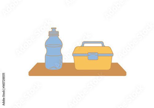 Simple illustration of a blue water bottle and a yellow lunch box resting on a wooden shelf.