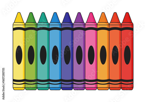 A row of ten colorful crayons, arranged in a rainbow spectrum, standing upright against a white background.