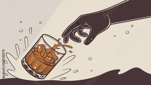 Dark hand reaching for a tilted glass of iced coffee with splashes and bubbles on a cream background