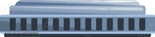 Close up of a blues harmonica lying horizontally, showcasing its metal reeds, ready to be played