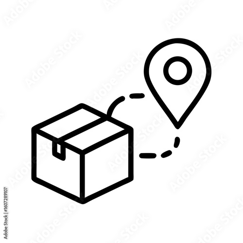 Outline illustration of a package being delivered to a location marked by a map pin icon symbol