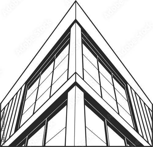 Black and white geometric illustration of a modern building corner with windows and railings
