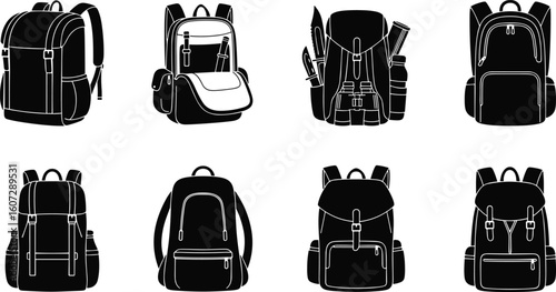 Set of eight different black and white silhouette illustrations of hiking backpacks and camping rucksacks
