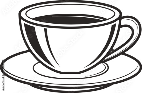 Black and white illustration of a coffee cup and saucer filled with dark liquid drink