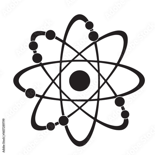 Atom model illustration with electrons orbiting the nucleus in black and white