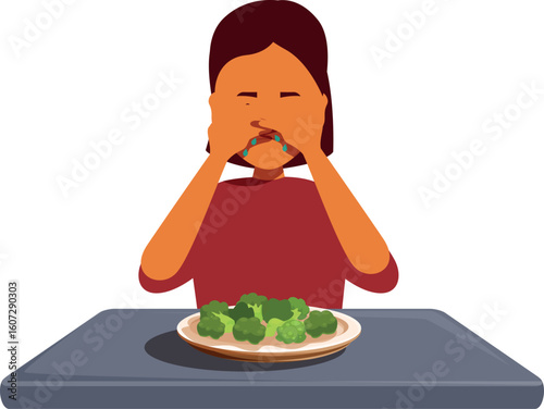 Girl covering her mouth with her hands, refusing to eat broccoli served on a plate
