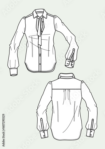Camicia donna fiocco collo manica lunga disegno piatto sketch fashion illustration fronte e retro mock up vettoriale	
