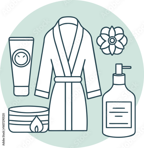 Flat illustration of spa items including robe lotion candle flower and soap dispenser