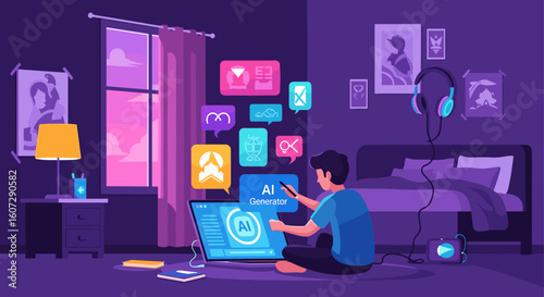 Creative Teenager Engages with Digital Technologies and Artificial Intelligence in Bedroom Study Space