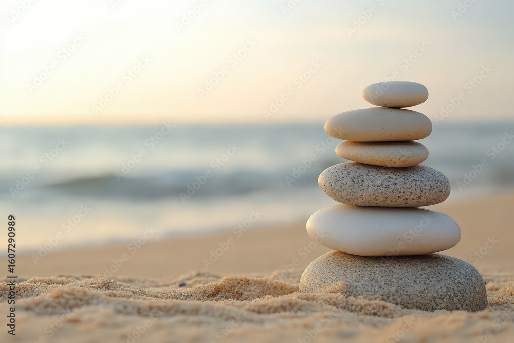 Fototapeta premium A minimalist composition of smooth, stacked Zen stones in perfect balance on a sandy beach. The soft glow of sunset over the ocean in the background creates a serene and peaceful scene