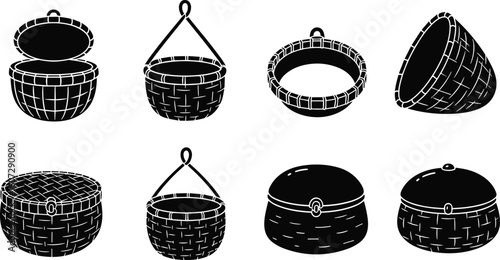 Set of eight different handcrafted woven baskets and containers in a simple black and white illustration style