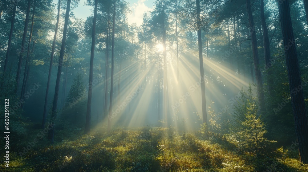 Fototapeta premium A serene, misty morning in a pine forest. Golden sunbeams pierce through the tall trees, illuminating the fog and casting long shadows on the quiet, peaceful ground