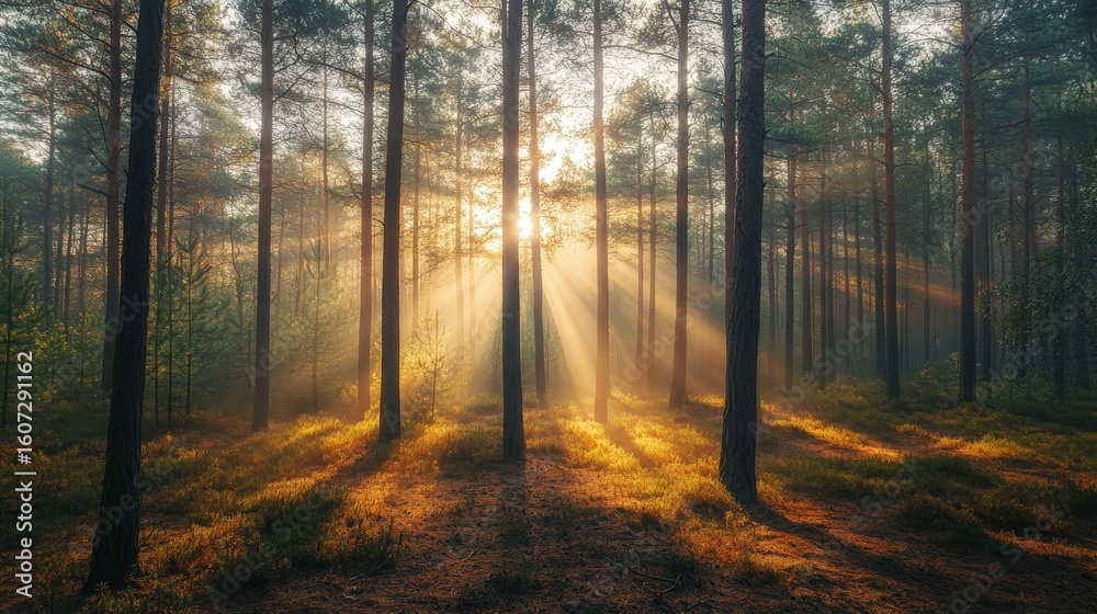 Obraz premium A serene, misty morning in a pine forest. Golden sunbeams pierce through the tall trees, illuminating the fog and casting long shadows on the quiet, peaceful ground