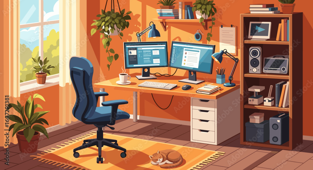 Fototapeta premium Cozy home office with dual monitors, a cat and abundant natural light, ideal for productive remote work