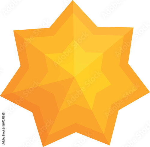Low poly seven pointed star shining brightly with facets, isolated on white