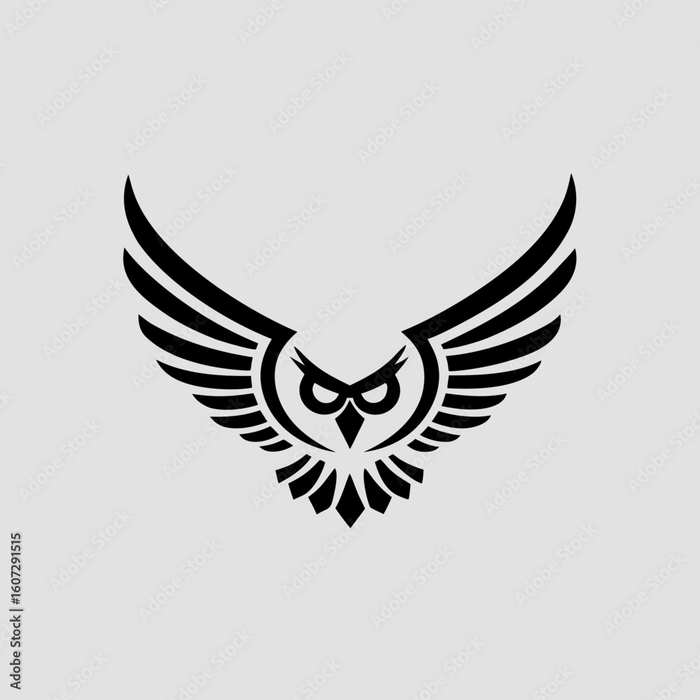 Obraz premium Black graphic owl with wings spread on a white background bird animal