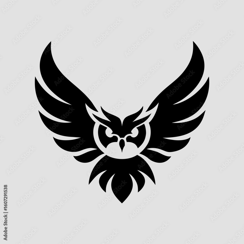 Obraz premium Black graphic silhouette of an owl with wings spread on a white background vector 1