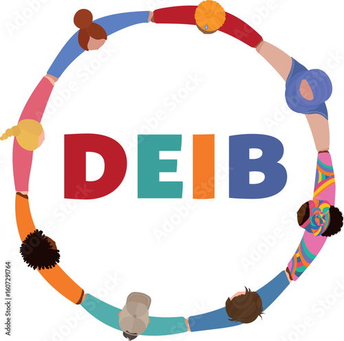 Diverse people forming a unity circle from above symbolizing DEIB values and inclusion