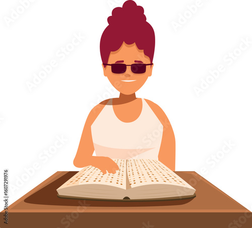 Visually impaired woman using fingertips to read braille book, enjoying literature and knowledge