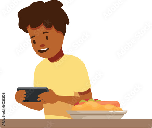 Happy boy playing mobile game and ignoring healthy food on table, child neglecting meal for phone, kid with smartphone addiction problem