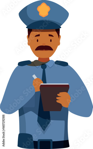 Police officer taking notes, reporting crime scene, filling out police report