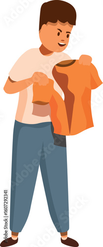 Young man examines a torn t shirt, expressing frustration and disappointment with the damaged clothing