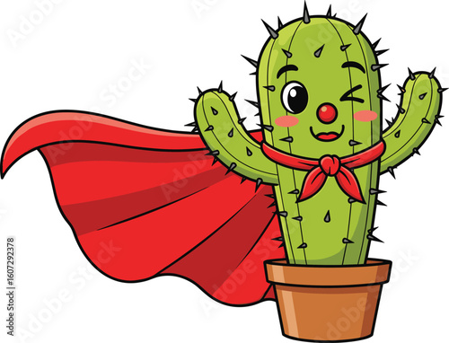 Superhero cactus character winking with red cape and scarf in flower pot, cad drawing flat vector illustration