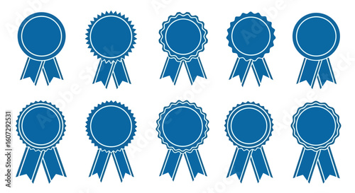 A collection of blue award ribbons and rosette seal icons. Vector graphic set for quality, guarantee, and certification.