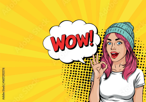 Beautiful woman in pop art style smiling and showing OK. On a colored background. Pop art vector comic style