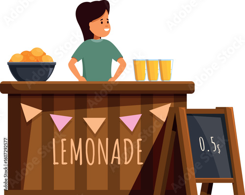 Girl working at her lemonade stand, selling refreshing drinks during a hot summer day