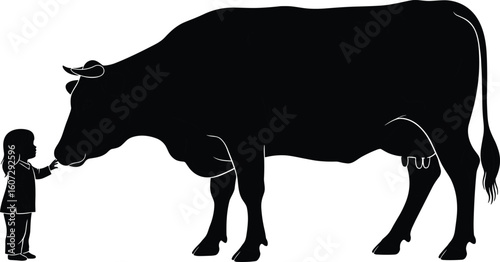 Silhouette of child touching dairy cow’s nose, gentle farm animal interaction concept, cad drawing flat vector illustration artwork