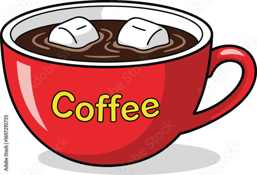 Red coffee cup with yellow “Coffee” text and marshmallows floating inside, quirky morning beverage icon, cad drawing flat vector illustration