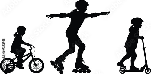 Children playing outdoors with bicycle, rollerblades, and scooter silhouettes, safe activity concept, cad drawing flat vector illustration, fun motion